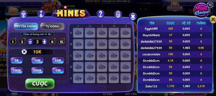 Khám Phá Trò Chơi Minigame Mines Tại RikVip Với Cơ Chế Đặt Cược Thông Minh